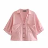 Koreaanse causale zakken blouse top vrouwen korte mouw turn-down kraag shirt zomer katoen linnen blusas mujer 6h897 210603