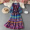 Wiosna Moda Etniczna Damska Drukuj Maxi Vestidos V-Neck Lampion Rękaw Czeski Plażowa Dress GK434 210506