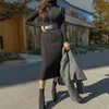 Sexy femmes robe à manches longues col roulé automne hiver solide décontracté basique noir gris moulante mince pour avec ceinture 210506