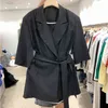 여름 솔리드 짧은 소매 여성 블레이저 간단한 레이스 위로 Traje Mujer 한국어 패션 포켓 디자인 자켓 여성용 210514