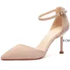 Scarpe Donna Flock Cinturini alla caviglia 6/8 cm Tacchi alti sottili Donna Pelle scamosciata finta con tacco Elegante sandali a punta sexy Décolleté 210520