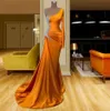 Orange Elegant Charming Mermaid Evening Dresses Long Spaghetti Straps One Shoulder Crystals Floor Length Formal Prom Party Gown Vestidos Custom Made