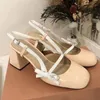 Sandali da donna Decorazione con cravatta a farfalla laterale Vera pelle Dolce punta tonda Tacchi quadrati Scarpe stile Lolita Marchio di lusso