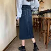 Spring Autumn Casual Women Single Button Solid Color Nevy Blue Over Knee Empire Straight Denim Skirt 8Y251 210510