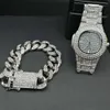 Lyx Män Guld Silver Färgklocka Bracelet Combo Watch Set Crystal Miami Ice Out Kubansk Braclete Chain Hip Hop Jewerly för män H1022