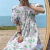 Ezgaga Coreano Chic Summer New Floral Midi Dress Donna Puff Manica corta Allentato Vita alta New Fashion Vintage Abiti 210430