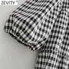 Kvinnor Vintage Puff Sleeve Plaid Print Loose Mini Dress Kvinnor Chic Square Collar Breasted Pleats Vestidos DS8313 210420