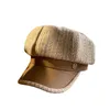 W63 Female Leather Beret Autumn And Winter Tide British Retro Letter Striped Octagonal sboy Painter Hat