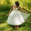 longitud del té de encaje de marfil vestidos de novia