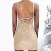 Women Pencil Dress Sleeveless Backless Evening Party Summer Sequins Bodycon Clubwear Mini High Waist Slim O-Neck Clothing 210522