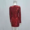 Femmes gratuites rouge élégant robe de bandage pailletée col rond manches longues moulante mini célébrité club fête 210524