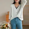 Johnature Summer Knitted Women V-neck Vintage T-Shirts Fake Two Piece Three Quarter Sleeve Loose Casual Female Tops 210521
