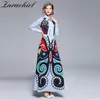 Güz Tasarımcı Pist Lady Yay Kemer Vintage Baskı Turn-down Yaka Uzun Kollu Ince Kadın Kat Uzunluk Maxi Elbise 210416