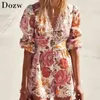 Summer Boho Style Stampa floreale Tutina da donna Patchwork in pizzo Sexy Scollo a V profondo Tuta da spiaggia Lady Lantern Sleeve Pagliaccetto 210414