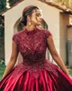 Burgundy Lace Ball Gown Wedding Dresses High Neck Beaded Bridal Gowns Plus Size Appliqued Sweep Train Satin Vestido De Novia