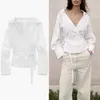 Za blanc popeline Vintage chemise femmes à manches longues plissé printemps attaché chemises femme mode avant Wrap haut décontracté 210602