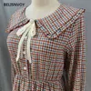 Mori Girl Sweet Plaid Midi Dress Japanese Preppy Style Autunno Moda Arrivo Bow Manica lunga Rosso Verde Lady Vintage Vestidos 210520