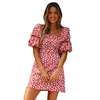 Casual Summer Sexy Mini Dress Femmes À Manches Courtes Boho Floral Print Dress Élégant Col Carré Manches Bouffantes Robe Courte Vestidos 210415