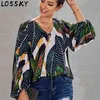 Frauen Herbst Fall lose Bluse-Hemd Blatt Blattdruck V Ausschnitt Puff Langarm Casual Baggy Hemden Blusen plus Größe Tops 210507