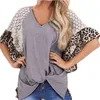 Sexy V-Neck Koronki Hollow Out Leopard Patchwork Nieregularne Rękaw Błyskawiczne Koszulki Kobiety Lato Casual Luźny Knot Oversize Topy 210604