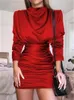 Casual Dresses Satin Turtleneck Mini Dress Women Long Sleeve Pleated Autumn Sexy Bodycon Winter Short Party Red