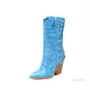 النمط البريطاني جلد طبيعي رعاة البقر أحذية النساء عالية الكعب الأزرق الأزرق طباعة حذاء راعية البقر الغربية أشار تو الموضة اليورو الحجم: 35-43