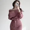 Kimutomo Zarif Kadın Örme Elbise Moda İlkbahar Sonbahar Bayanlar Slash Boyun Yüksek Bel Lace Up İnce Katı Mini Vestidos 210521