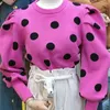 Herbst winter Korean Puff Sleeve Pullover Strickwaren WomenO-neck Polka Dot Top Gestrickte Pullover 210531