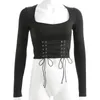 Kvinnor Black Square Collar T Shirt Beskuren Bandage Hollow Out Långärmad Tshirt High Street Tee Femme Crop Top 210518