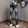 Italiensk stil mode män jeans högkvalitativa vintage retro mörkblå broderi designer rippade streetwear hip hop byxor h4li