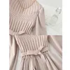 Elegante mulheres sólidas vestido moda coreano meio alto colarinho sopro splice splice knit vestidos outono vintage veludo vestido 210521