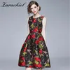 Högkvalitativ Kvinnors Ärmlös O-Neck Vest Elegant Vintage Red Floral Jacquard Fashion Party Summer Ball Gown Dress 210416