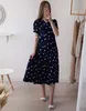 Grön plus storlek blommig utskrift sommar klänning kväll lång vintage es oversize kortärmad strand kvinnor robe vestido prom 210623