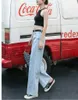 Vit hög midja bredben byxor kvinnlig höst raka lösa jeans eleganta arbetsbyxor avslappnad pantalon femme 210531