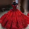 Sparkly Red Quinceanera Платья с плеча Пухой ярусную юбку Сладкие 16 Платье Свинцев Аппликация Бисером Vestidos de 15 Años
