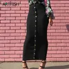 Bodycon plus storlek höst kvinnor hög midja kjolar knapp maxi lång kjol femme sexig penna solid svart gv799 210619