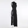 タイトなセクシーなドレスの女性エレガントな黒いノースリーブパーティーハイウエストタンクのドレス中空アウト包帯ハイスプリットスキニードレス夏210507