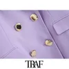 TRAF femmes mode bureau porter Double boutonnage Blazer manteau Vintage à manches longues poches à rabat vêtements de dessus pour femmes Chic hauts X0721