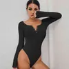 Autunno Inverno Sexy Balysuits Black Balysuits Skinny Bottoni a maniche lunghe Body Donne Camicia Moda Body Mujer Tute 210607