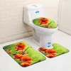 3 Piece Elegant Green Flower Comfort Bathroom Rug Mats Set Soft Non-Slip with Backing Pad Bath Mat Contour Rug Toilet Lid Cover 211109