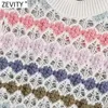 Zevity Women Fashion Hollow Out Färgglada Crochet Short Stickning Sweater Lady Ärmlös Casual Slim Crop Pullover Tops SW826 211011