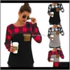 Tops Womens Kleding Apparel Drop Levering 2021 Vrouwen Plaid Splicing T-shirt Vrouwelijke Ronde hals Lange Mouw Pulling Pullover Top T-stukken met Pocket