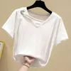 Mulheres verão algodão manga curta t camisa moda v-pescoço oco solto tshirt tops senhoras camiseta roupa 9481 210417