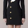 DEAT Women Black Patchwork Single Breasted Pockets High Dress New Notched Long Sleeve Slim Fit Fashion Tide Summer 7E0396 210428