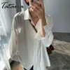 Women Blouses Turn Down Collar Spring Satin Shirt Vintage White Lady Long Sleeves Female Button Up Loose Street Shirts 210514