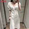 Tangada Summer Women White Cotton Linen French Style Dress Puff Short Sleeve Ladies Midi Dress 3H474 210609