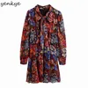 Vintage Multicolor Floral Print Mini Dress Women Bow Tie Collar Long Sleeve Pleated Casual Plus Size Vestido 210514