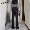 Syiwidii pantalon évasé femmes pantalon avant fendu jambe droite dames travail vêtements coréens Streetwear noir cloche bas 211115