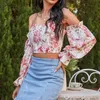 Сексуальные дамы без плеча Top Top Floral Print Рубашки повседневные весенние летние половые рукава пуловер элегантный офис тонкий блузки 210514