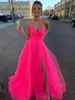 Line V A Neck Hot Pink Tulle Prom Long Spaghetti Straps Formal Evening Party Gown Sexy Slit Graduation Dresses